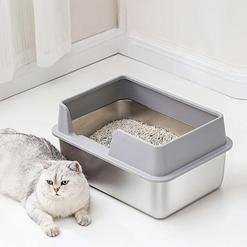 Stainless Steel Cat Litter Box | Non-Stick, High Wall Enclosure