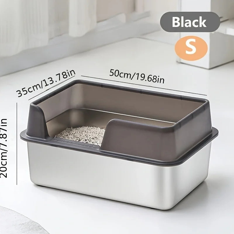 Stainless Steel Cat Litter Box | Non-Stick, High Wall Enclosure