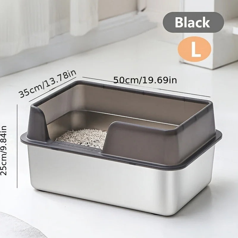 Stainless Steel Cat Litter Box | Non-Stick, High Wall Enclosure