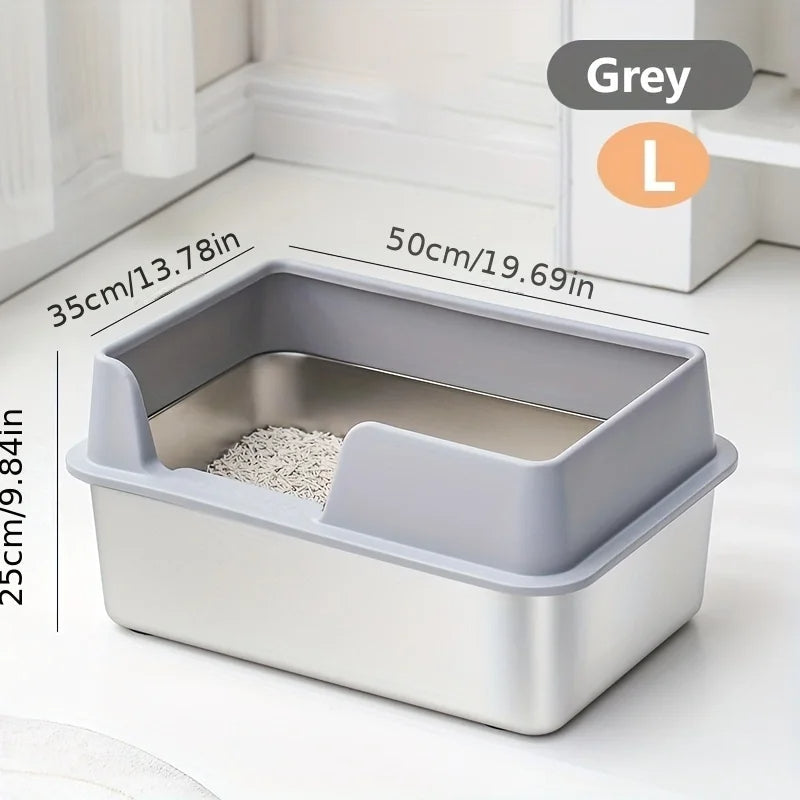 Stainless Steel Cat Litter Box | Non-Stick, High Wall Enclosure